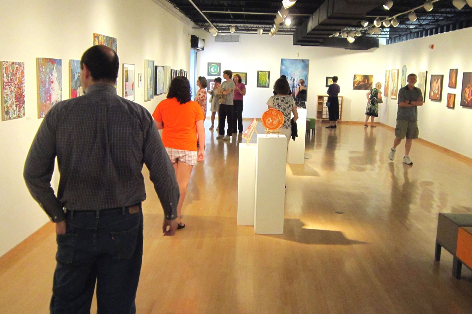 Reception guests explore the 2014 Resident Visual Artists Exhibit 