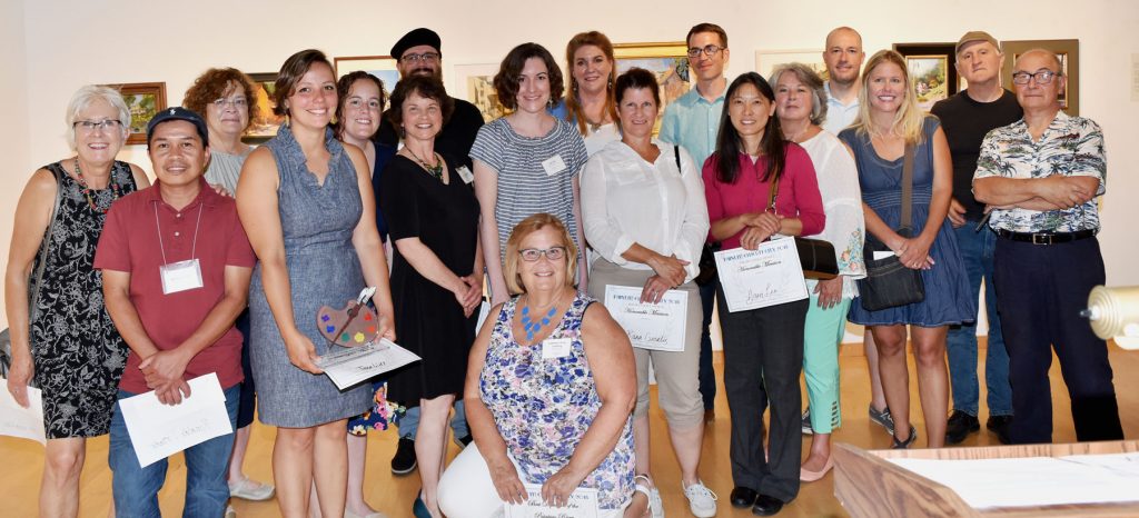 Paint It! Ellicott City 2018 award winners pictured with juror Bennett Vadnais, award sponsors, and HCAC Executive Director Coleen West (HCAC photo)