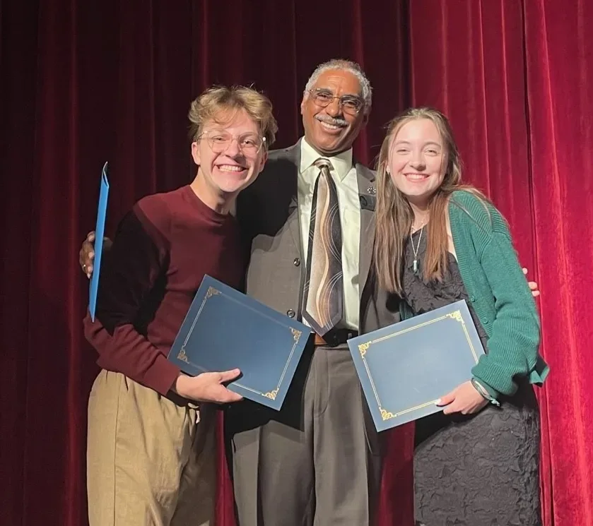 George Wilson, member of Arts Scholarship Review Panel, with two 2023 scholarship recipients.