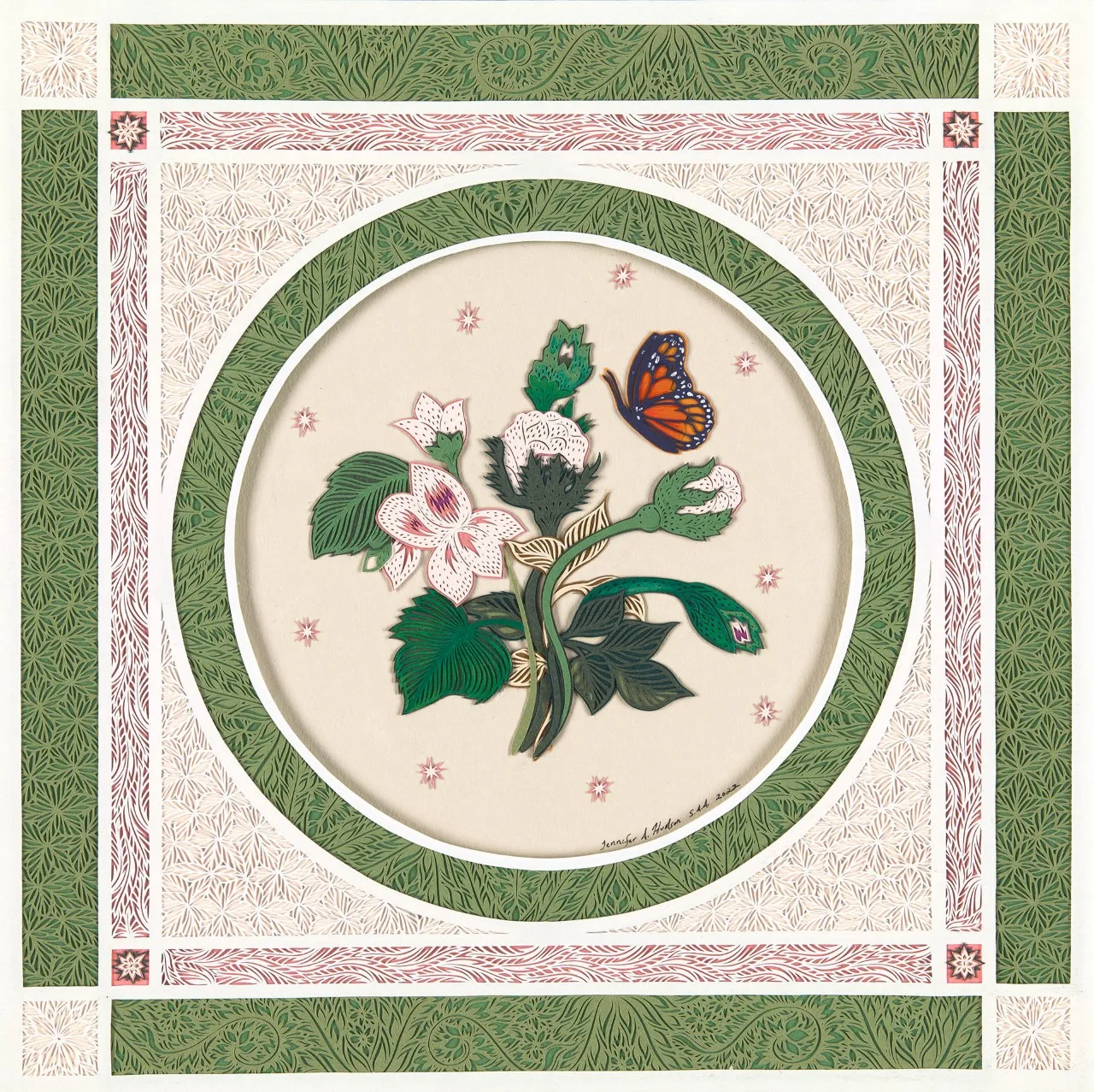 A decorative floral artwork featuring white flowers with green leaves and a butterfly, surrounded by a patterned border in green and red.