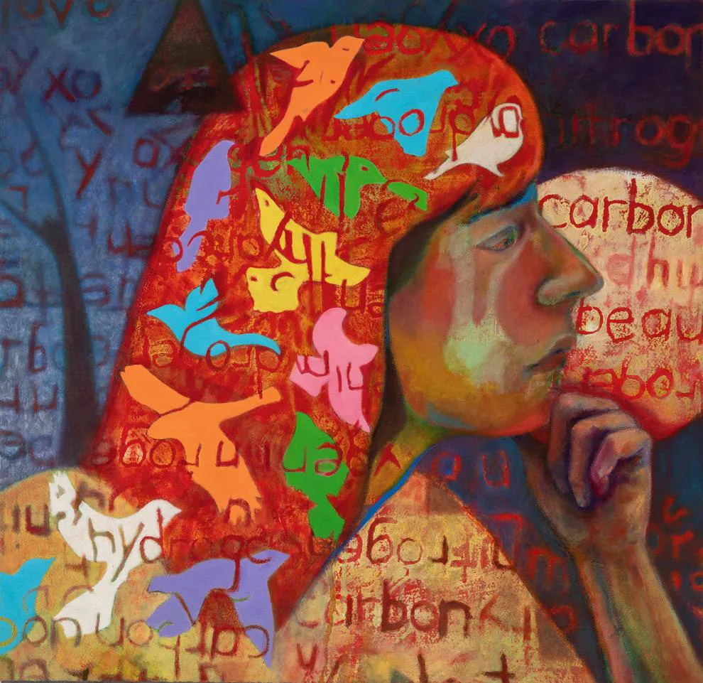 Woman sits facing the right with hand resting on chin, birds and text throughout her figure.