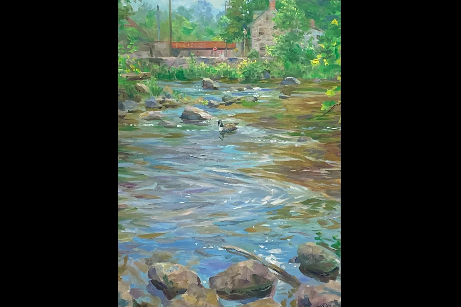 painting of a river with a red bridge in the background