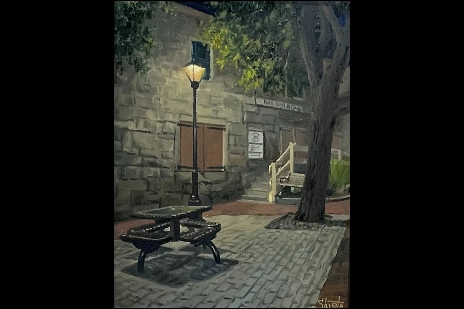 painting of a stone building at night