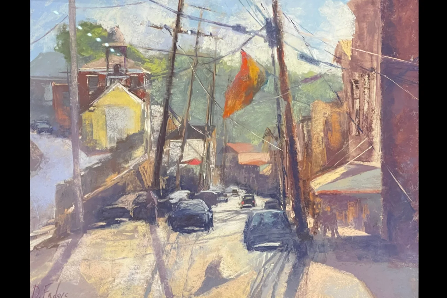 Pastel looking down a street with flags and buildings