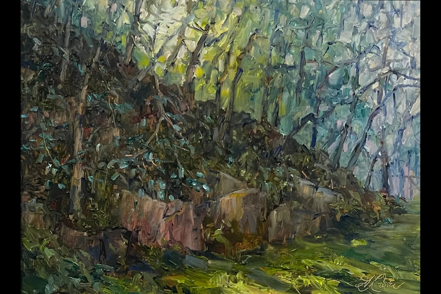 painting of a rocky hillside in the woods