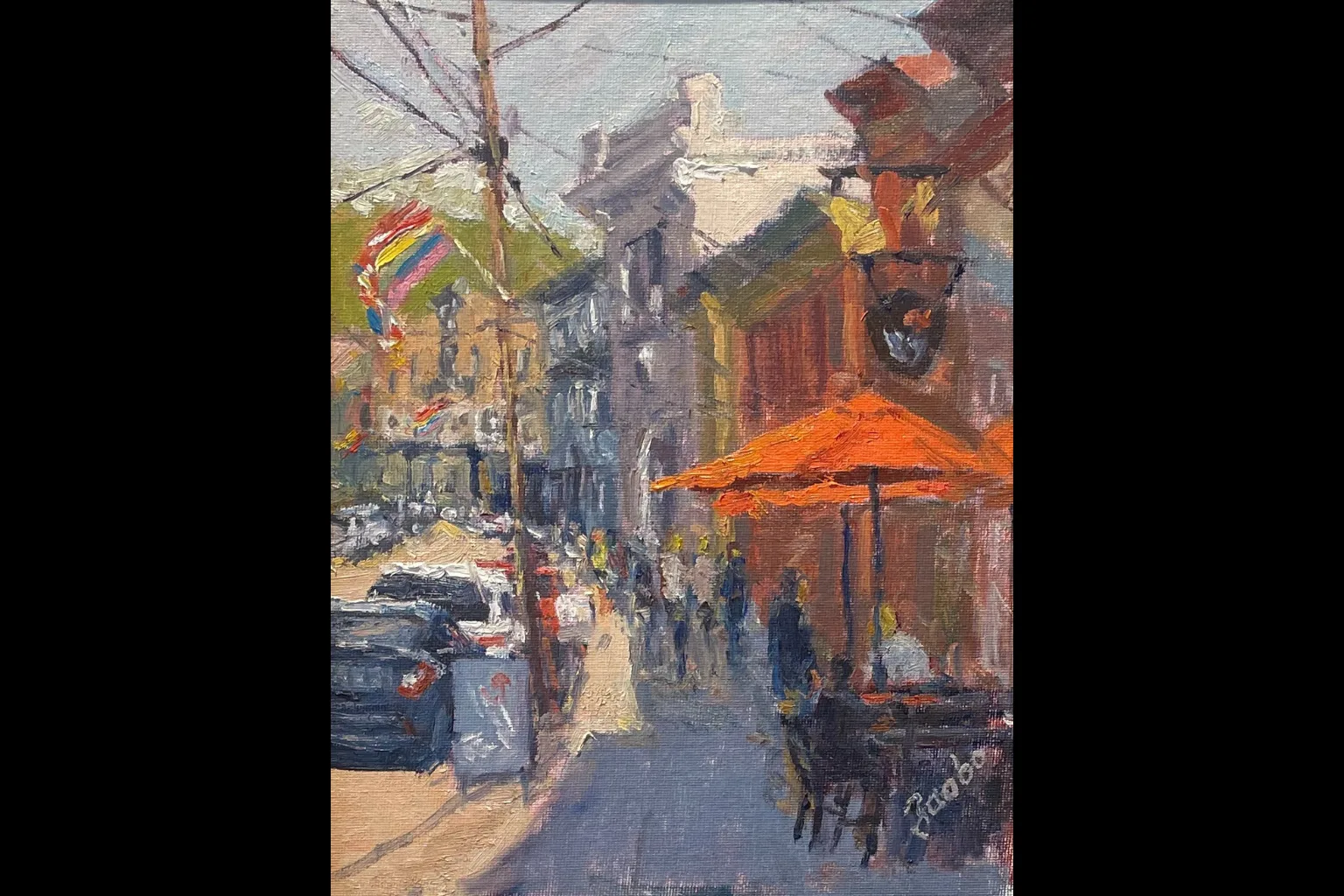 painting of a street scene with cars parked on the side of the road and tables with red umbrellas in the foreground
