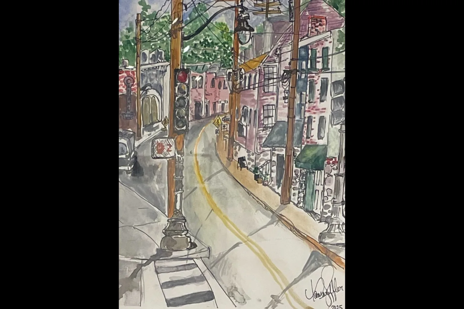 painting of a city street with a crosswalk