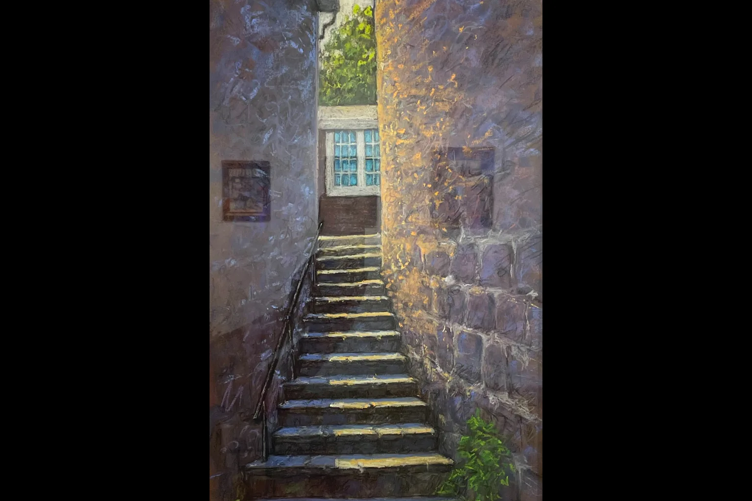 pastel of stone steps leading upwards to a building