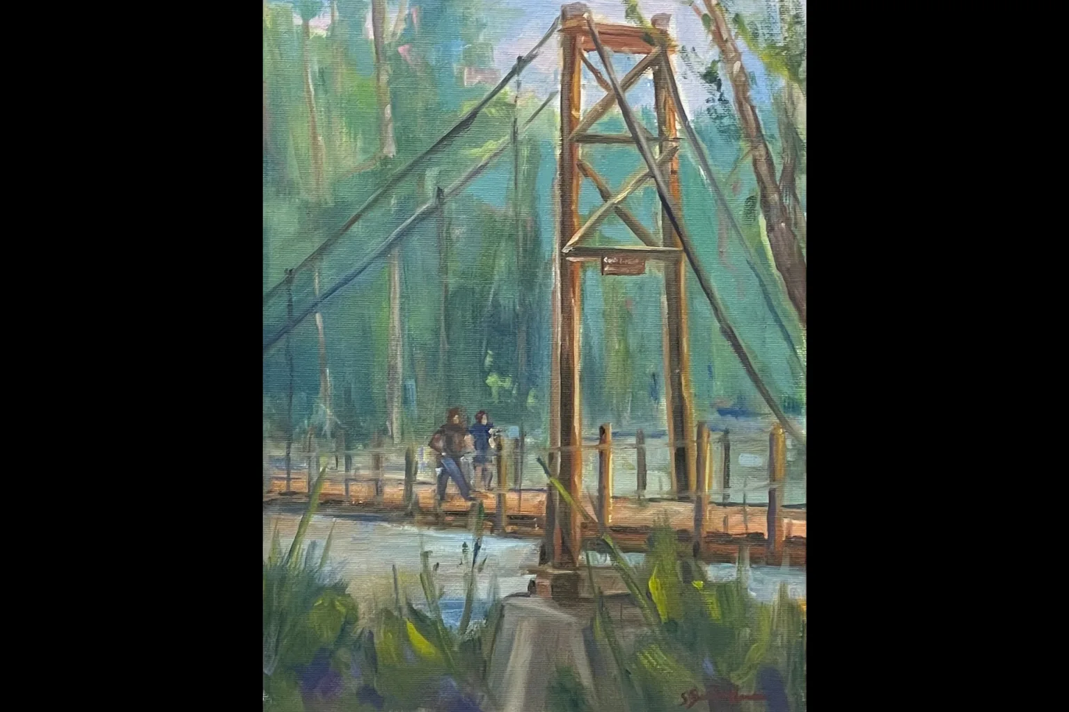 painting of a bridge over a river