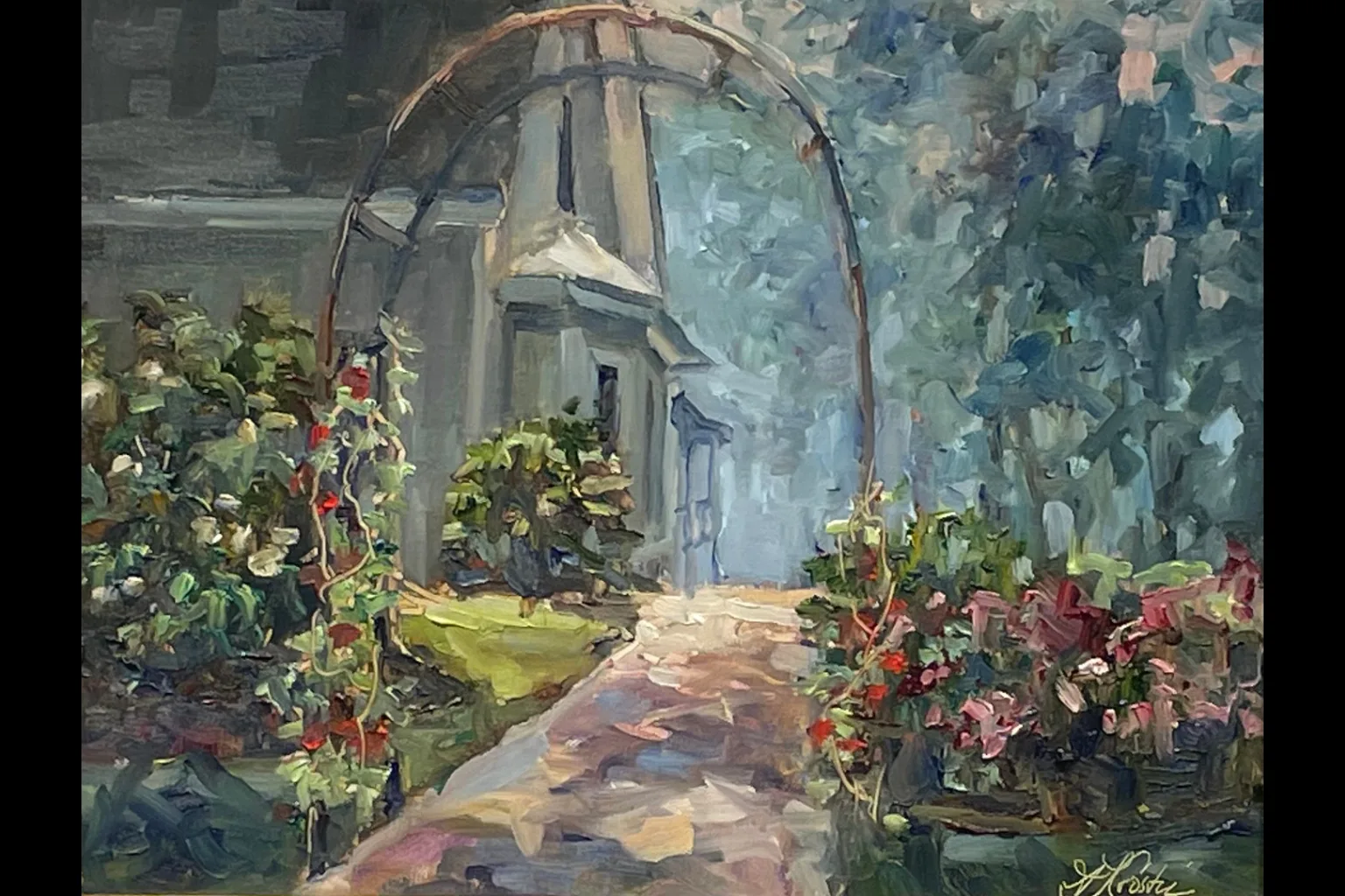 painting of an archway in front of a house