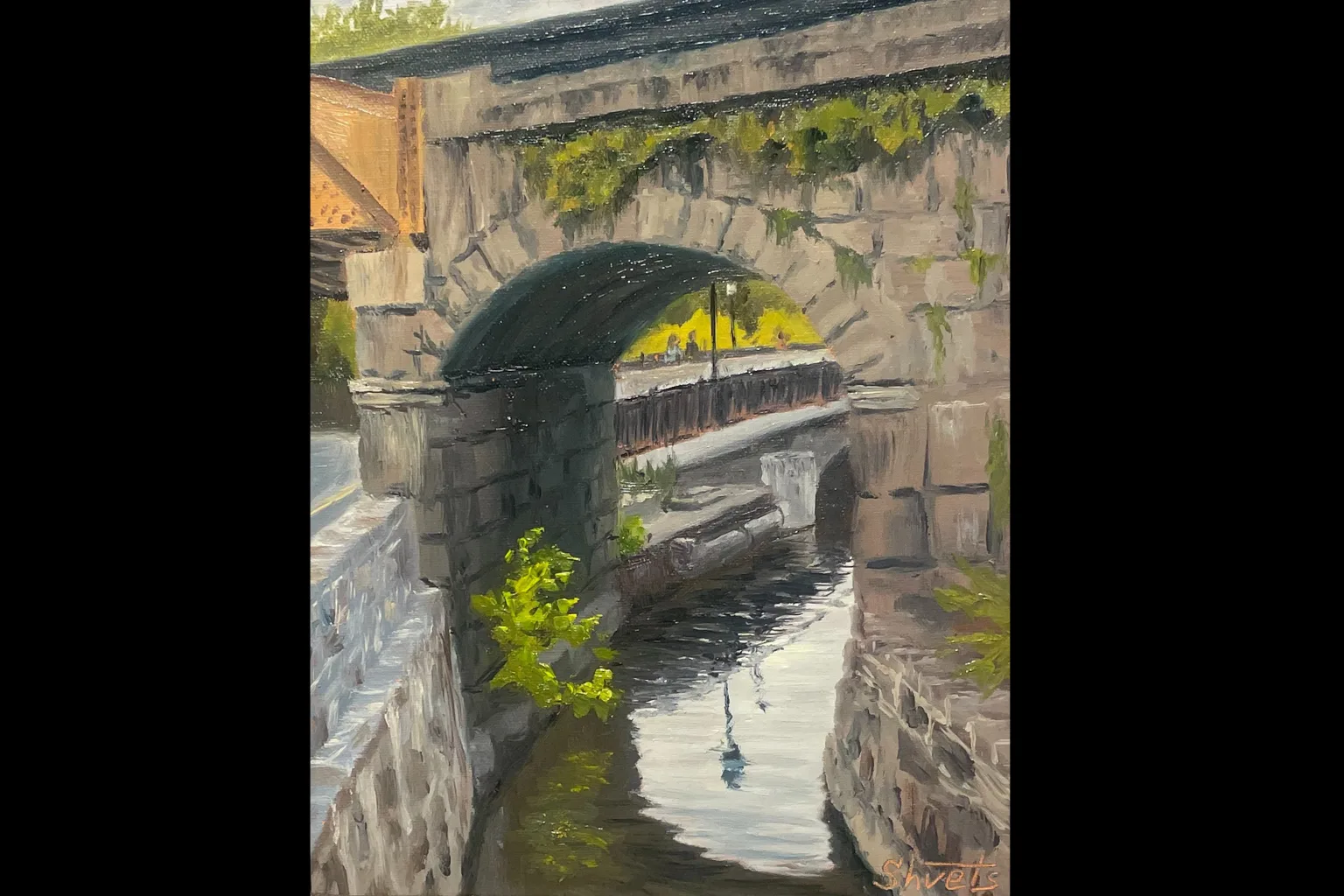 painting of a stone bridge over a stream