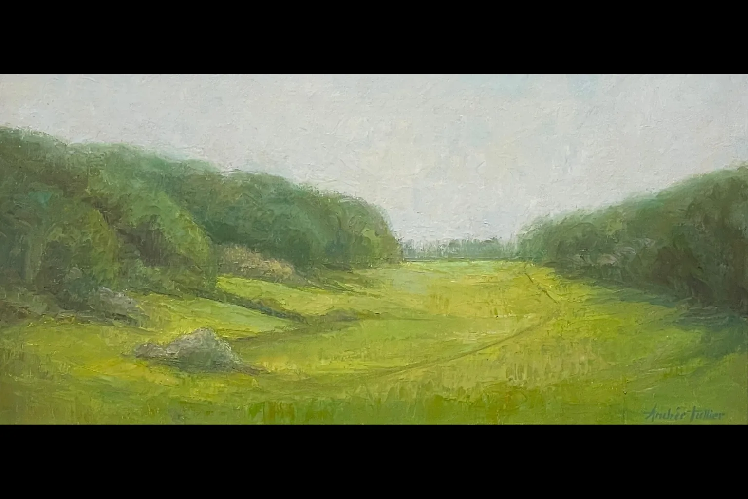 painting of a green field with trees